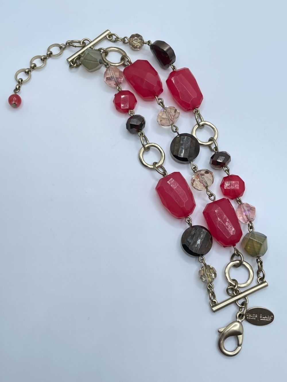 WHBM White House Black Market Pink Lucite Glass Bead Multi Strand Gold Bracelet